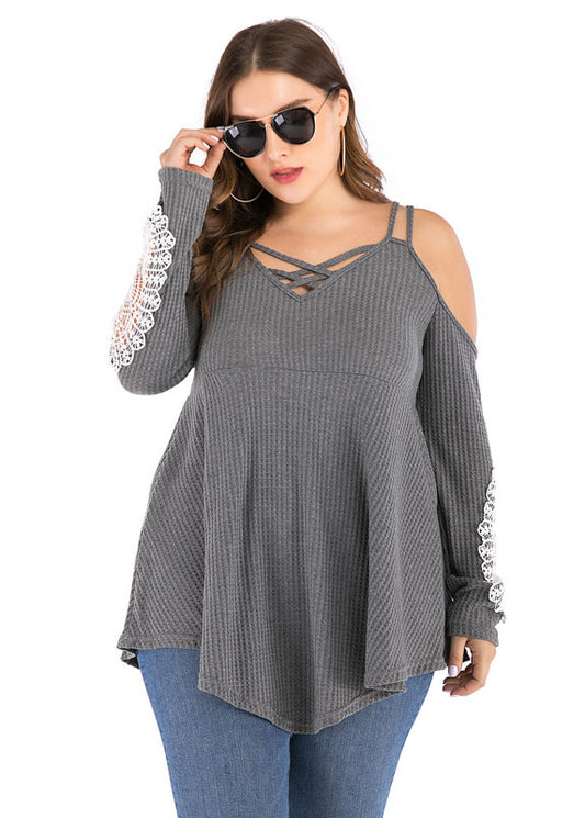Italian Grey Asymmetrical Lace Patchwork Knit Tops Long Sleeve
