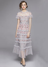 Load image into Gallery viewer, Italian Grey Embroideried Ruffled Patchwork Tulle Long Dresses Summer
