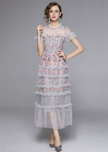 Load image into Gallery viewer, Italian Grey Embroideried Ruffled Patchwork Tulle Long Dresses Summer