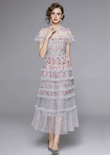 Load image into Gallery viewer, Italian Grey Embroideried Ruffled Patchwork Tulle Long Dresses Summer