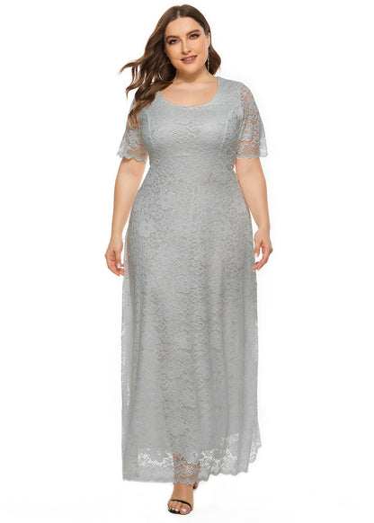 Italian Grey O-Neck Hollow Out Lace Long Dresses Summer
