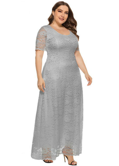 Italian Grey O-Neck Hollow Out Lace Long Dresses Summer