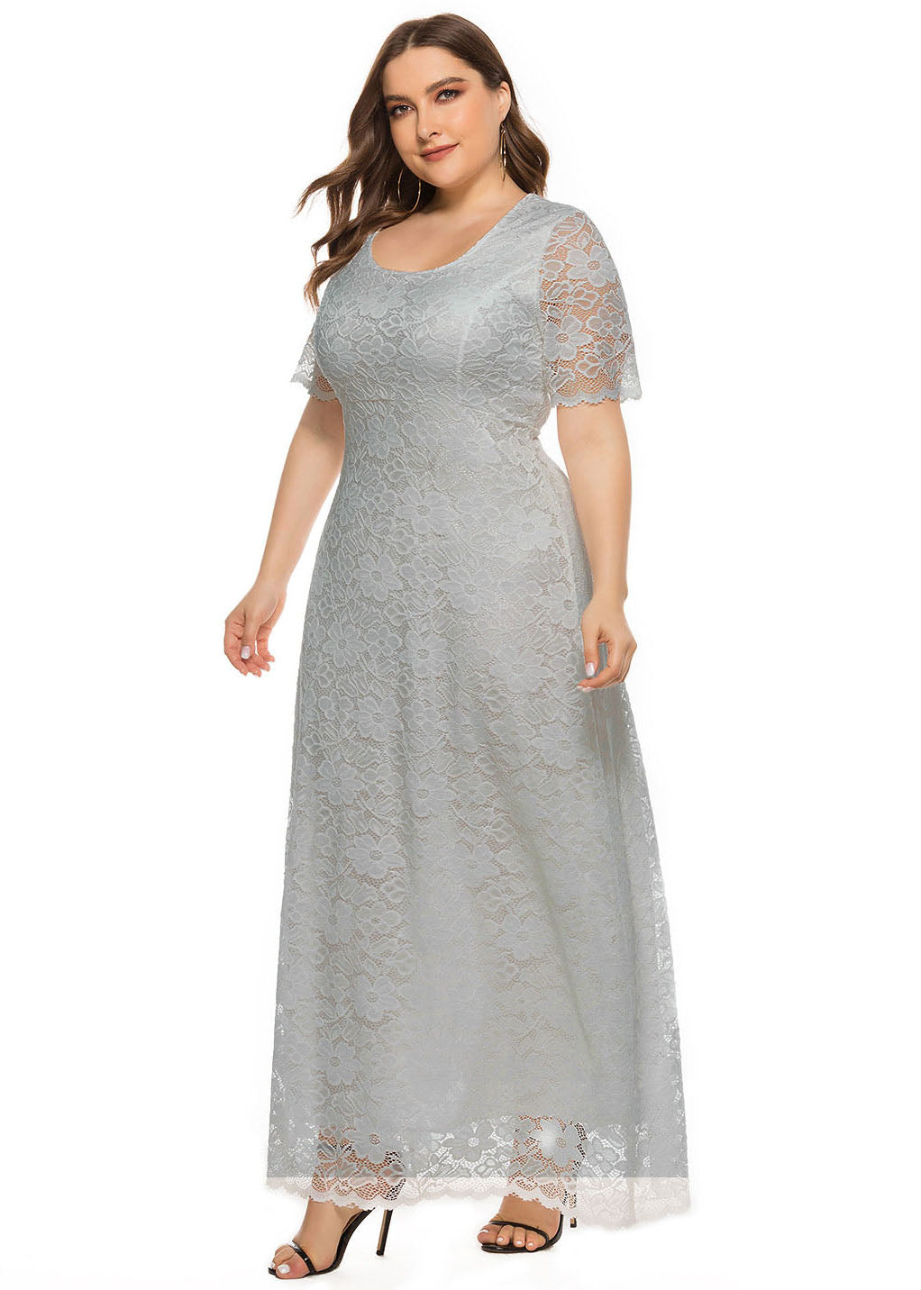 Italian Grey O-Neck Hollow Out Lace Long Dresses Summer