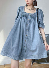 Load image into Gallery viewer, Italian Light Blue Square Collar Button Denim Summer Mini Dress