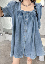 Load image into Gallery viewer, Italian Light Blue Square Collar Button Denim Summer Mini Dress