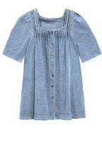 Italian Light Blue Square Collar Button Denim Summer Mini Dress