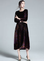Italian Multi O Neck Patchwork Wrinkled Velour Long Dress Spring