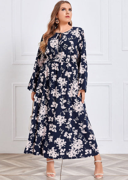 Italian O-Neck Print Elastic Waist Chiffon Maxi Dress Fall