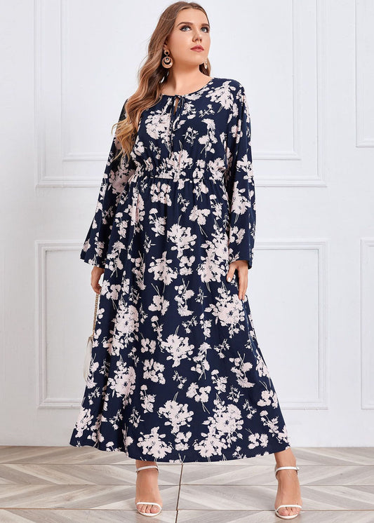 Italian O-Neck Print Elastic Waist Chiffon Maxi Dress Fall