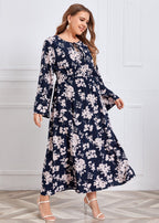 Italian O-Neck Print Elastic Waist Chiffon Maxi Dress Fall