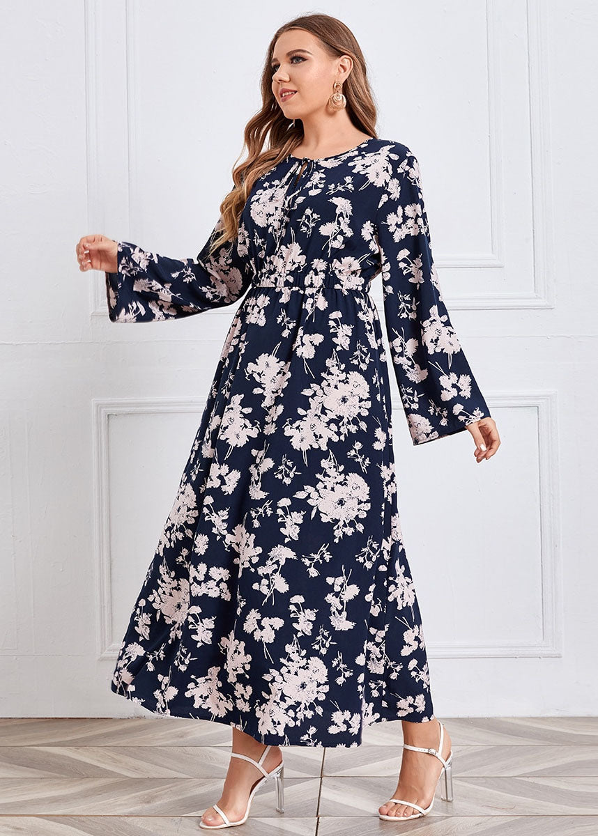 Italian O-Neck Print Elastic Waist Chiffon Maxi Dress Fall