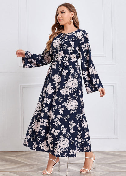 Italian O-Neck Print Elastic Waist Chiffon Maxi Dress Fall