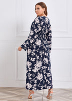 Italian O-Neck Print Elastic Waist Chiffon Maxi Dress Fall