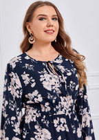 Italian O-Neck Print Elastic Waist Chiffon Maxi Dress Fall