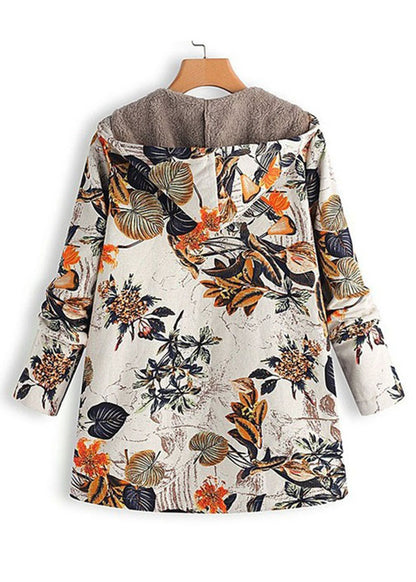 Italian Orange Hooded Print Patchwork Warm Fleece Coats Fall