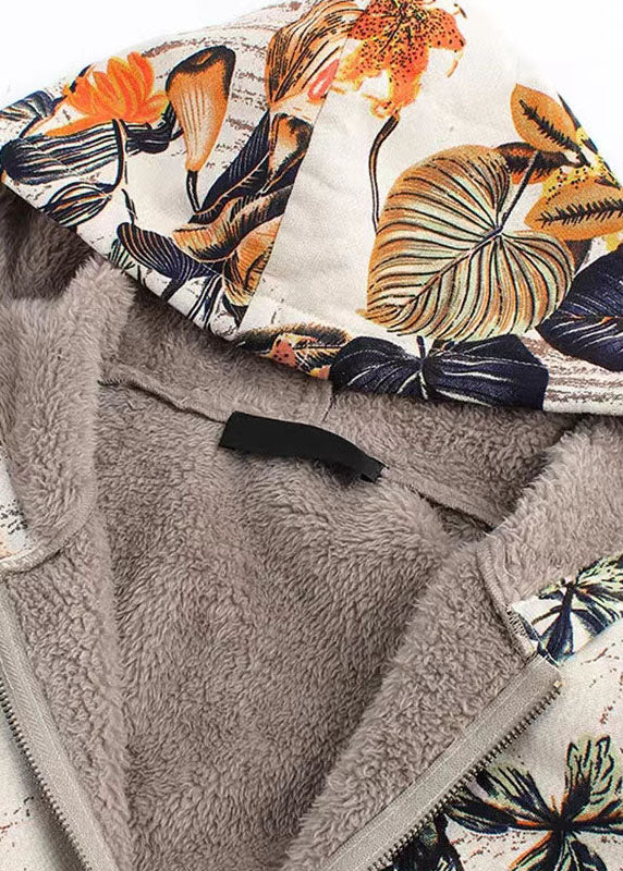 Italian Orange Hooded Print Patchwork Warm Fleece Coats Fall