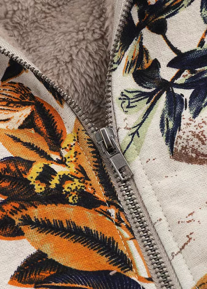 Italian Orange Hooded Print Patchwork Warm Fleece Coats Fall