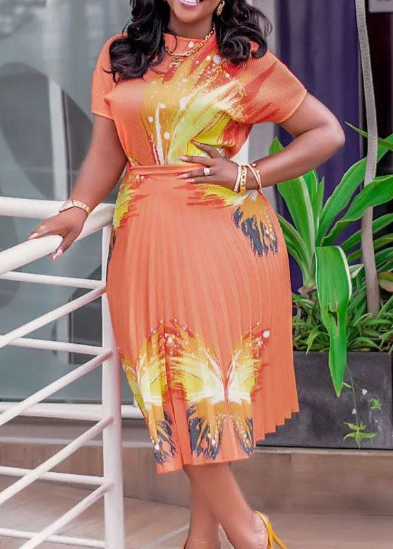 Italian Orange Print T Shirt And Pleated Skirt Cotton Two Piece Set Summer