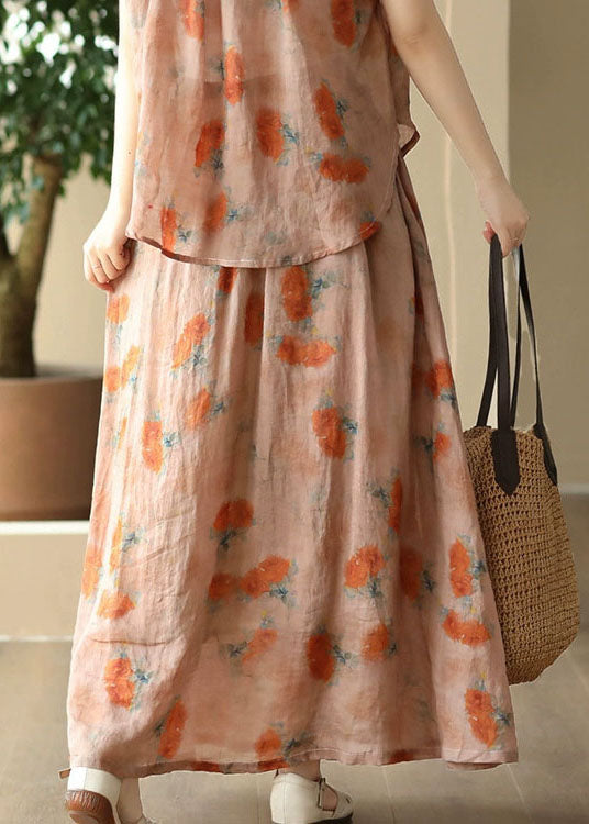 Italian Orange Wrinkled Print Patchwork Linen Skirt Summer