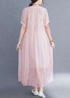 Italian Pink Cinched Embroideried Silk Dress Short Sleeve