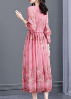 Italian Pink Embroideried Floral Silk Cinched Dresses Bracelet Sleeve