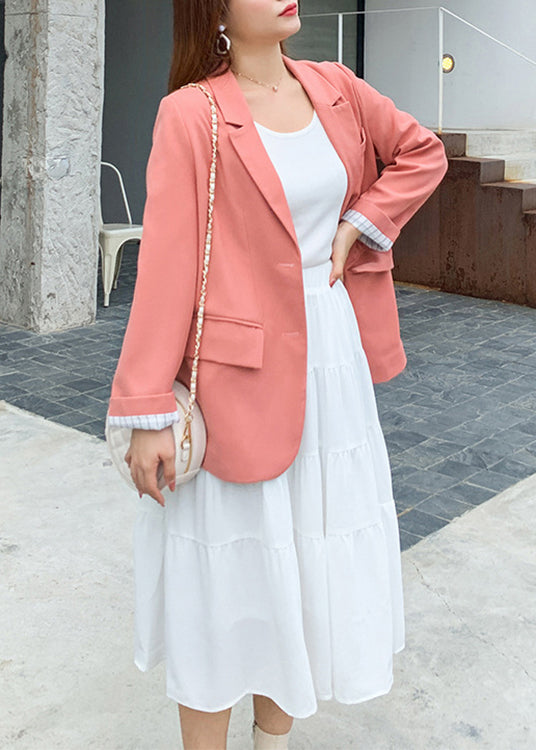 Italian Pink Notched Spandex Coat And White Skirts Two Pieces Set Fall