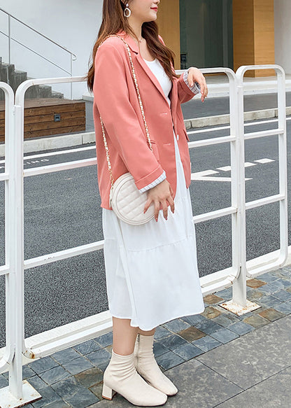 Italian Pink Notched Spandex Coat And White Skirts Two Pieces Set Fall