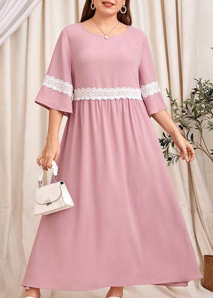 Italian Pink O Neck Lace Patchwork Cotton Long Dress Summer
