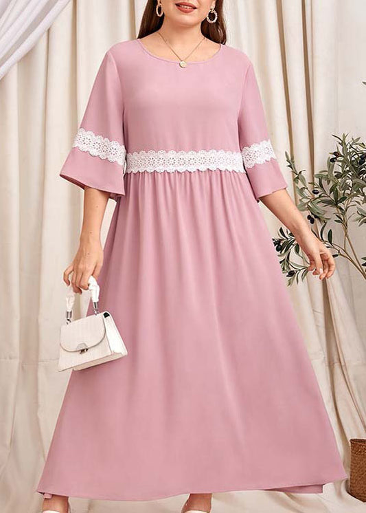 Italian Pink O Neck Lace Patchwork Cotton Long Dress Summer