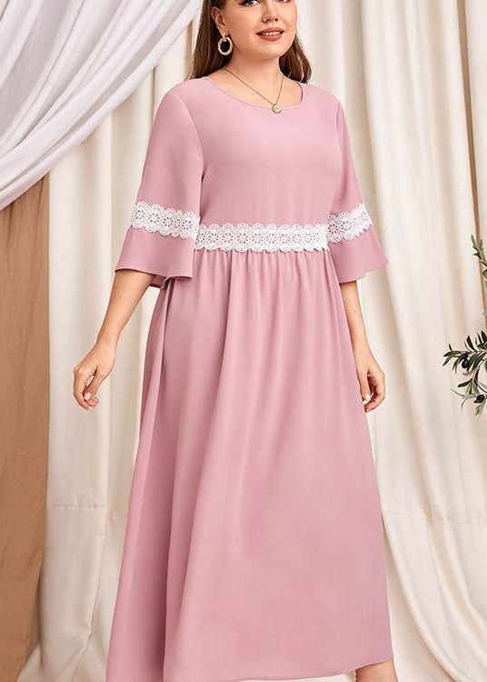 Italian Pink O Neck Lace Patchwork Cotton Long Dress Summer