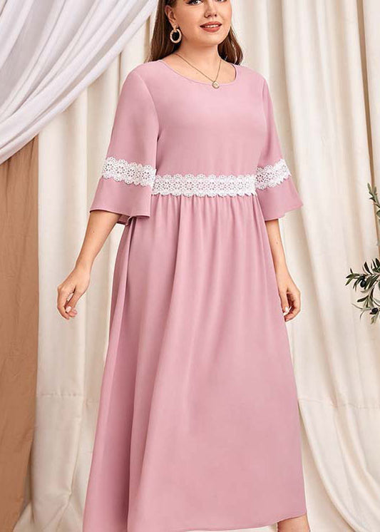 Italian Pink O Neck Lace Patchwork Cotton Long Dress Summer