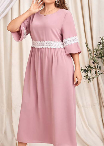 Italian Pink O Neck Lace Patchwork Cotton Long Dress Summer