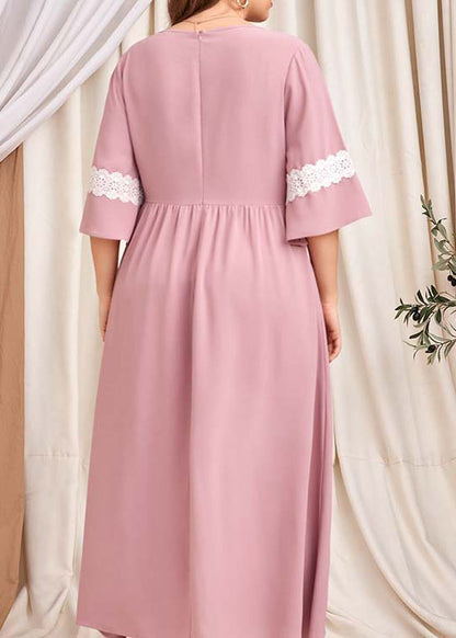 Italian Pink O Neck Lace Patchwork Cotton Long Dress Summer