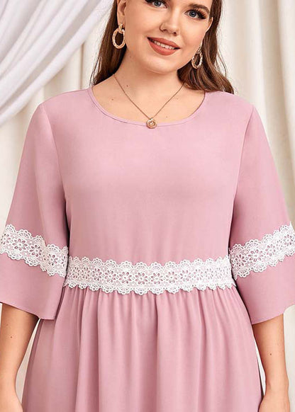 Italian Pink O Neck Lace Patchwork Cotton Long Dress Summer