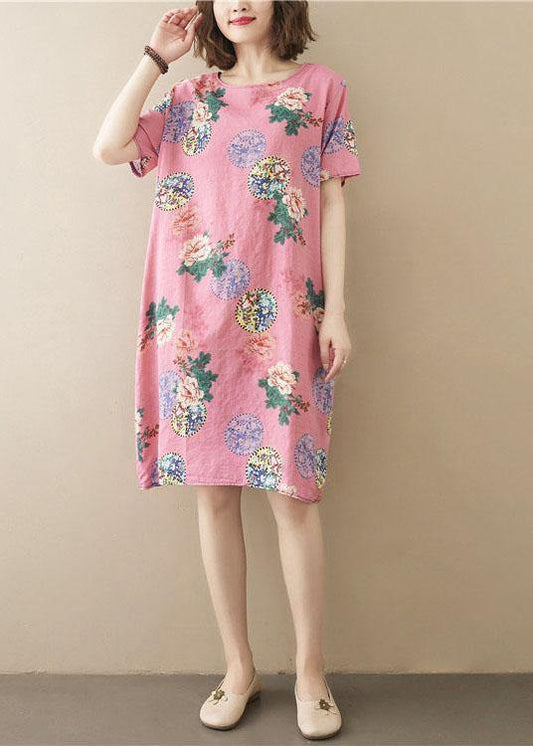 Italian Pink Print O-Neck Maxi Summer Chiffon Dress
