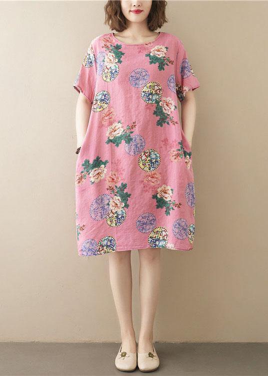 Italian Pink Print O-Neck Maxi Summer Chiffon Dress