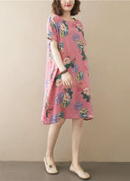 Italian Pink Print O-Neck Maxi Summer Chiffon Dress