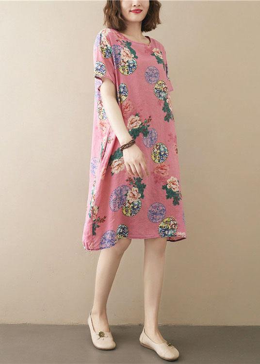 Italian Pink Print O-Neck Maxi Summer Chiffon Dress