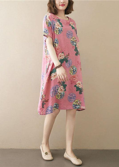 Italian Pink Print O-Neck Maxi Summer Chiffon Dress
