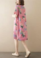 Italian Pink Print O-Neck Maxi Summer Chiffon Dress