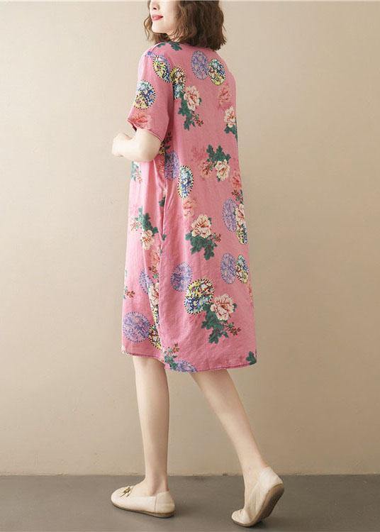 Italian Pink Print O-Neck Maxi Summer Chiffon Dress