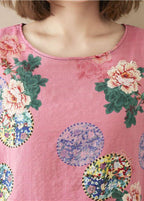 Italian Pink Print O-Neck Maxi Summer Chiffon Dress