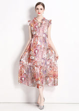 Load image into Gallery viewer, Italian Pink Print Ruffled Lace Up Patchwork Chiffon Long Dresses Summer
