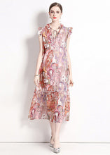 Load image into Gallery viewer, Italian Pink Print Ruffled Lace Up Patchwork Chiffon Long Dresses Summer