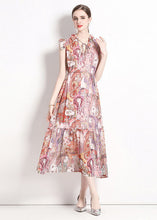 Load image into Gallery viewer, Italian Pink Print Ruffled Lace Up Patchwork Chiffon Long Dresses Summer