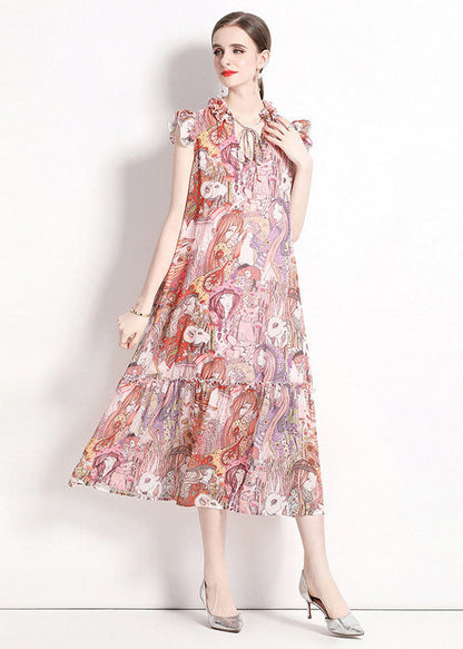 Italian Pink Print Ruffled Lace Up Patchwork Chiffon Long Dresses Summer