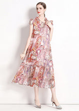 Load image into Gallery viewer, Italian Pink Print Ruffled Lace Up Patchwork Chiffon Long Dresses Summer