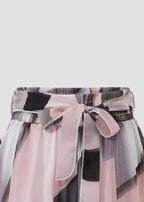 Italian Pink Print Wrinkled Lace Up Patchwork Chiffon Skirts Summer