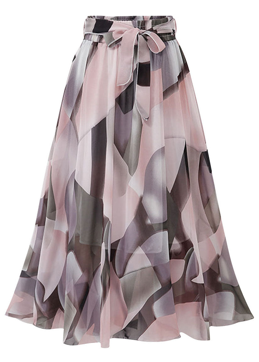 Italian Pink Print Wrinkled Lace Up Patchwork Chiffon Skirts Summer