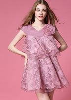 Italian Pink V Neck Floral Organza Vacation Dress Sleeveless